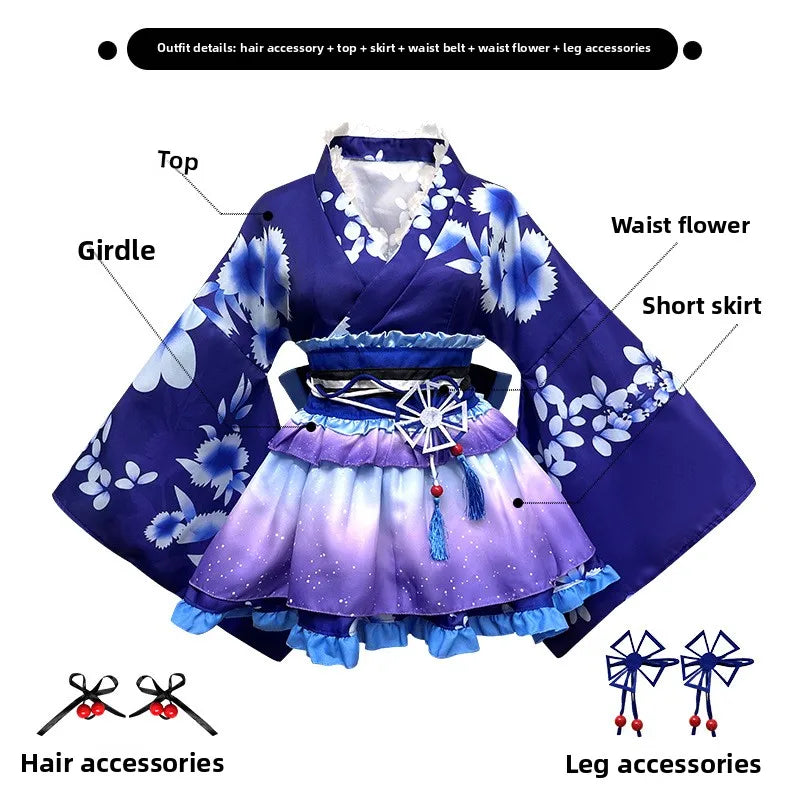 Japanese-Style Lolita Kimono Set Multi-Color Cherry Blossom Role Play Costume Including Hair Accessories +Leg Ornaments