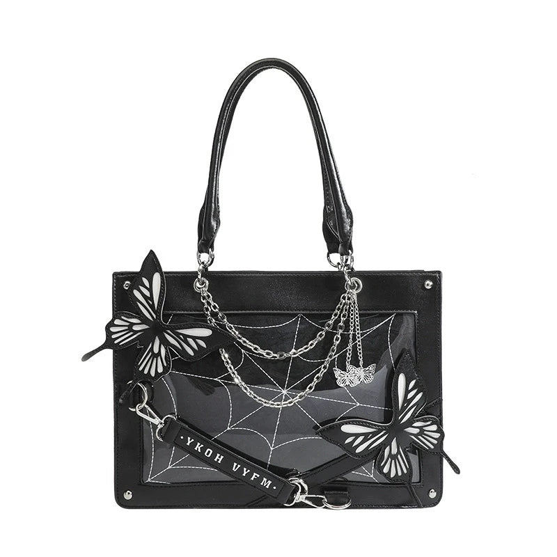 Gothic Ita Bag con Farfalle e Ragnatela – Borsa Trasparente per Pin e Accessori