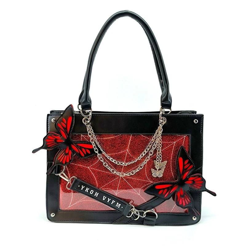 Gothic Ita Bag con Farfalle e Ragnatela – Borsa Trasparente per Pin e Accessori