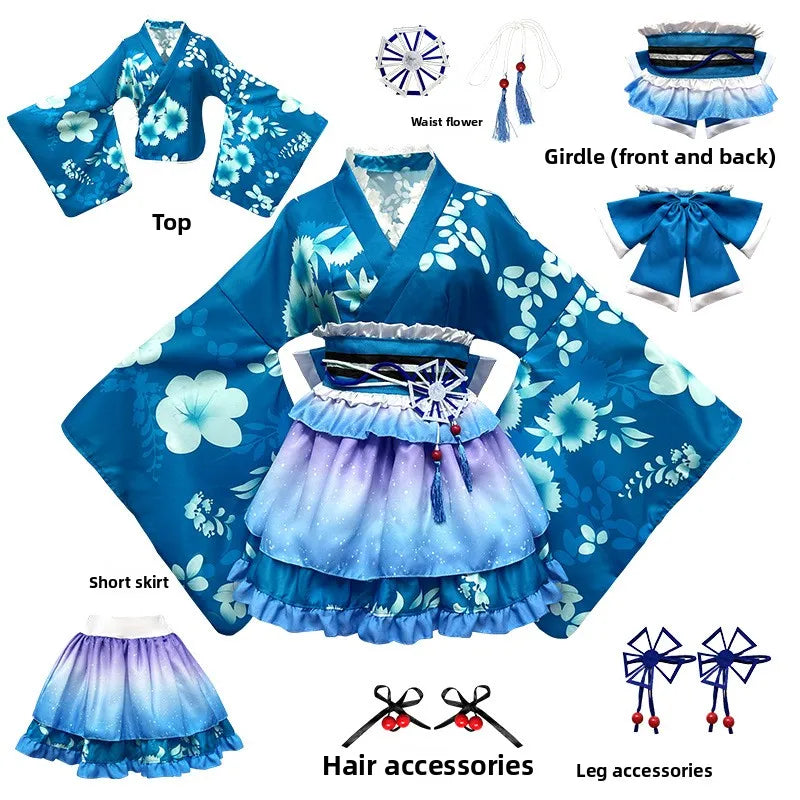 Japanese-Style Lolita Kimono Set Multi-Color Cherry Blossom Role Play Costume Including Hair Accessories +Leg Ornaments