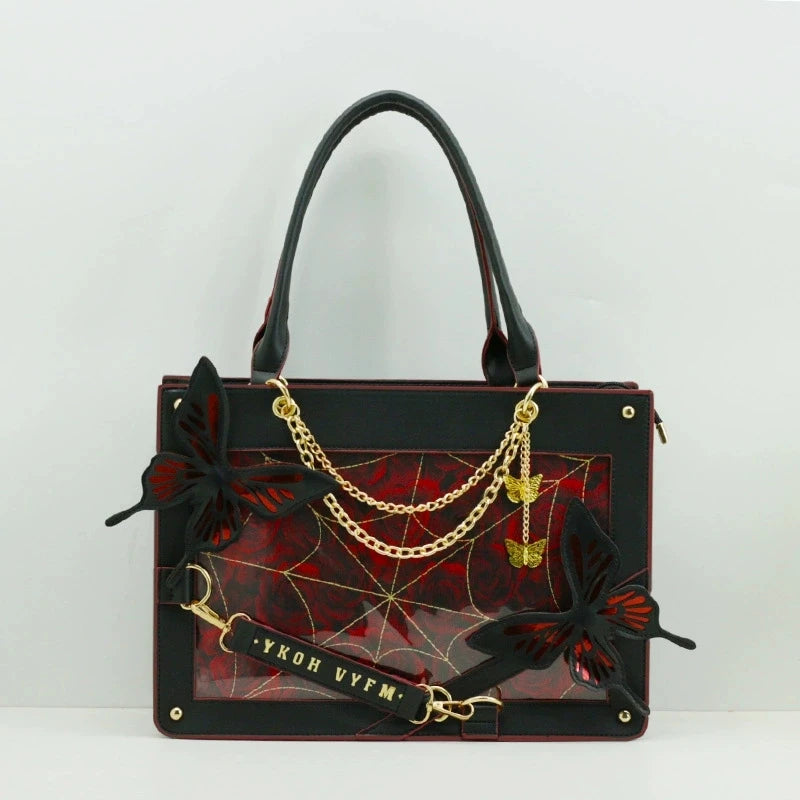 Gothic Ita Bag con Farfalle e Ragnatela – Borsa Trasparente per Pin e Accessori