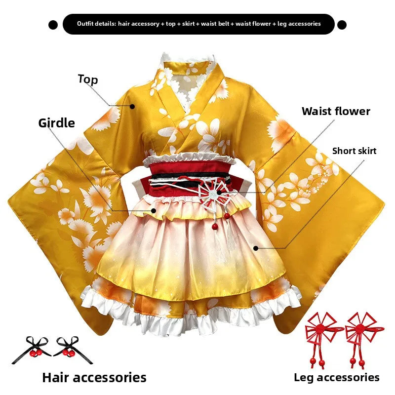 Japanese-Style Lolita Kimono Set Multi-Color Cherry Blossom Role Play Costume Including Hair Accessories +Leg Ornaments