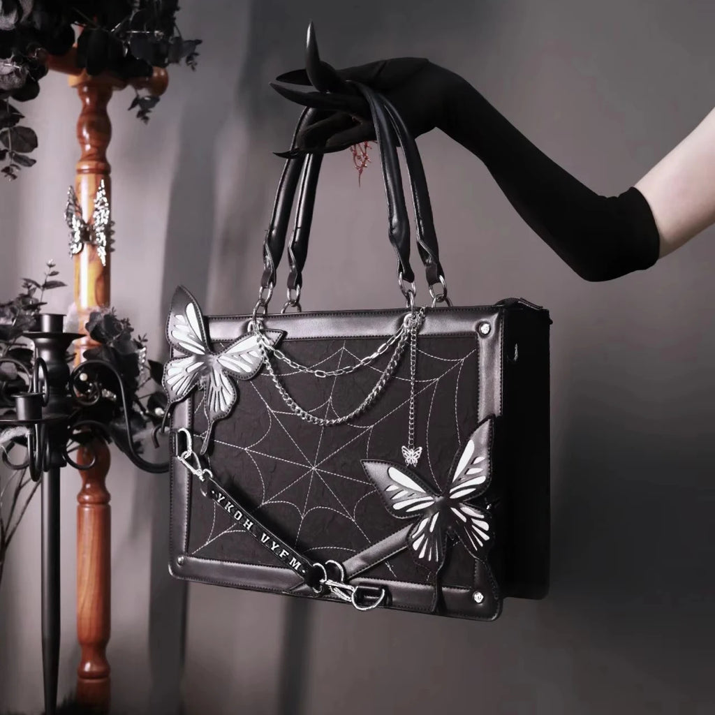 Gothic Ita Bag con Farfalle e Ragnatela – Borsa Trasparente per Pin e Accessori