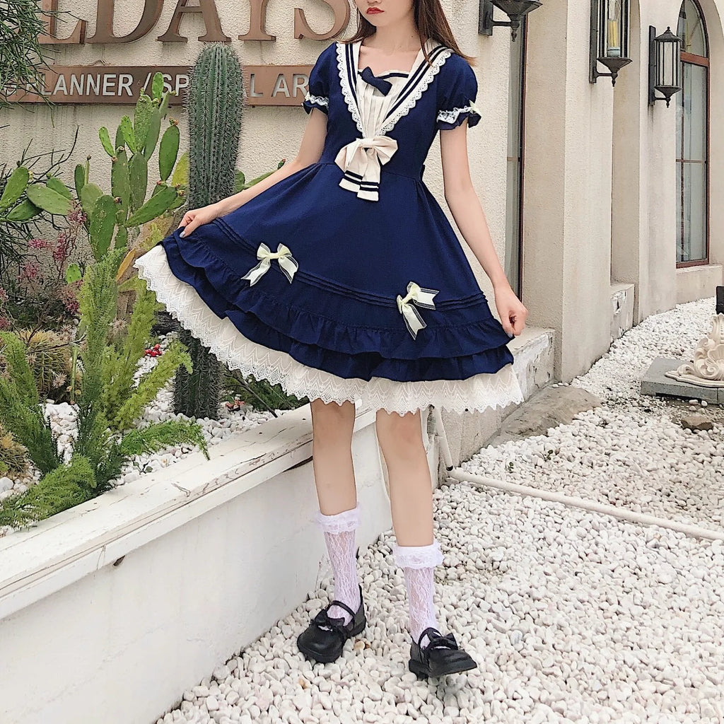 Sweet Maid Anime Lolita Costume-Ruffle Lace Sailor Collar Gown for Adult Women Polyester Material
