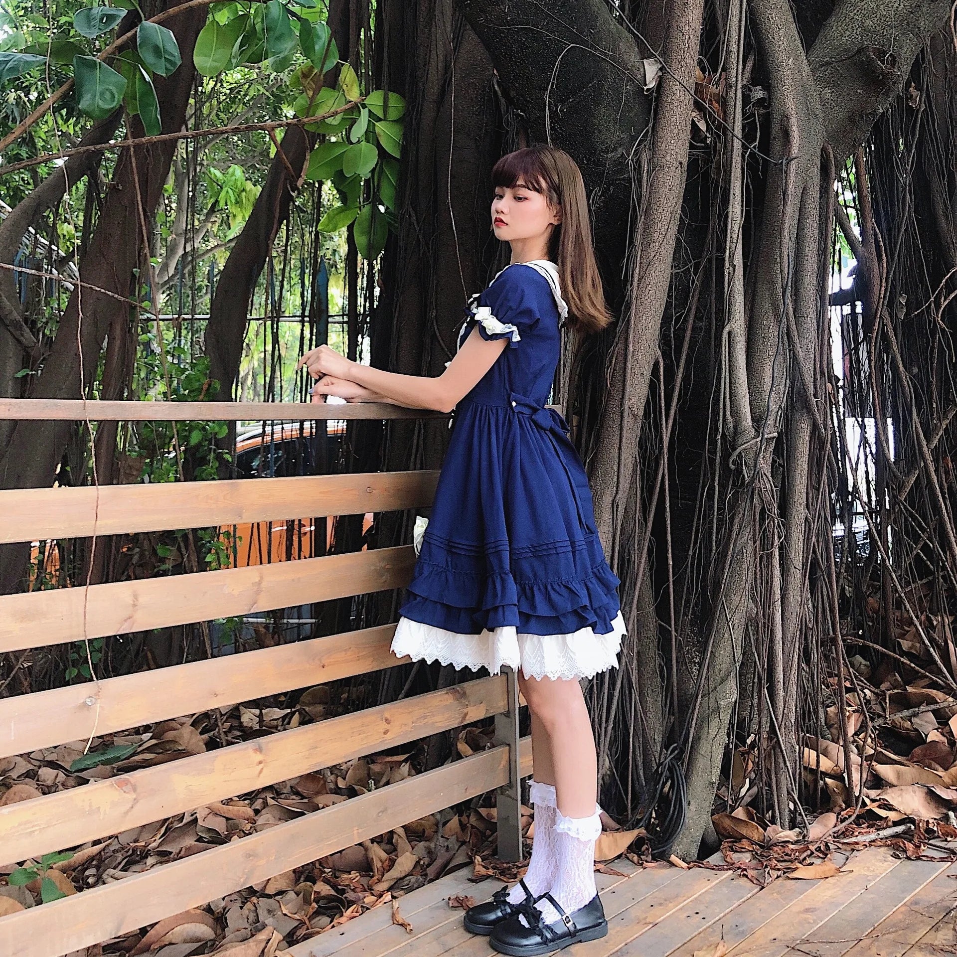 Sweet Maid Anime Lolita Costume-Ruffle Lace Sailor Collar Gown for Adult Women Polyester Material