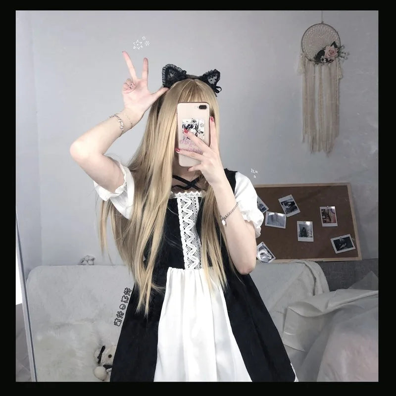Yingyi Kawaii Lolita Maid Dress Pink Goth Gothic Birthday Party Dress Puff Sleeve Japanese Harajuku Ruffle Lace-up Soft Girls
