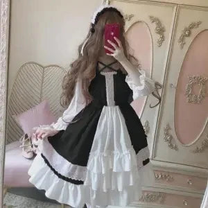 Yingyi Kawaii Lolita Maid Dress Pink Goth Gothic Birthday Party Dress Puff Sleeve Japanese Harajuku Ruffle Lace-up Soft Girls
