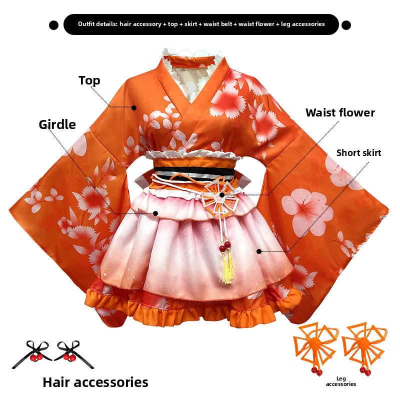Japanese-Style Lolita Kimono Set Multi-Color Cherry Blossom Role Play Costume Including Hair Accessories +Leg Ornaments