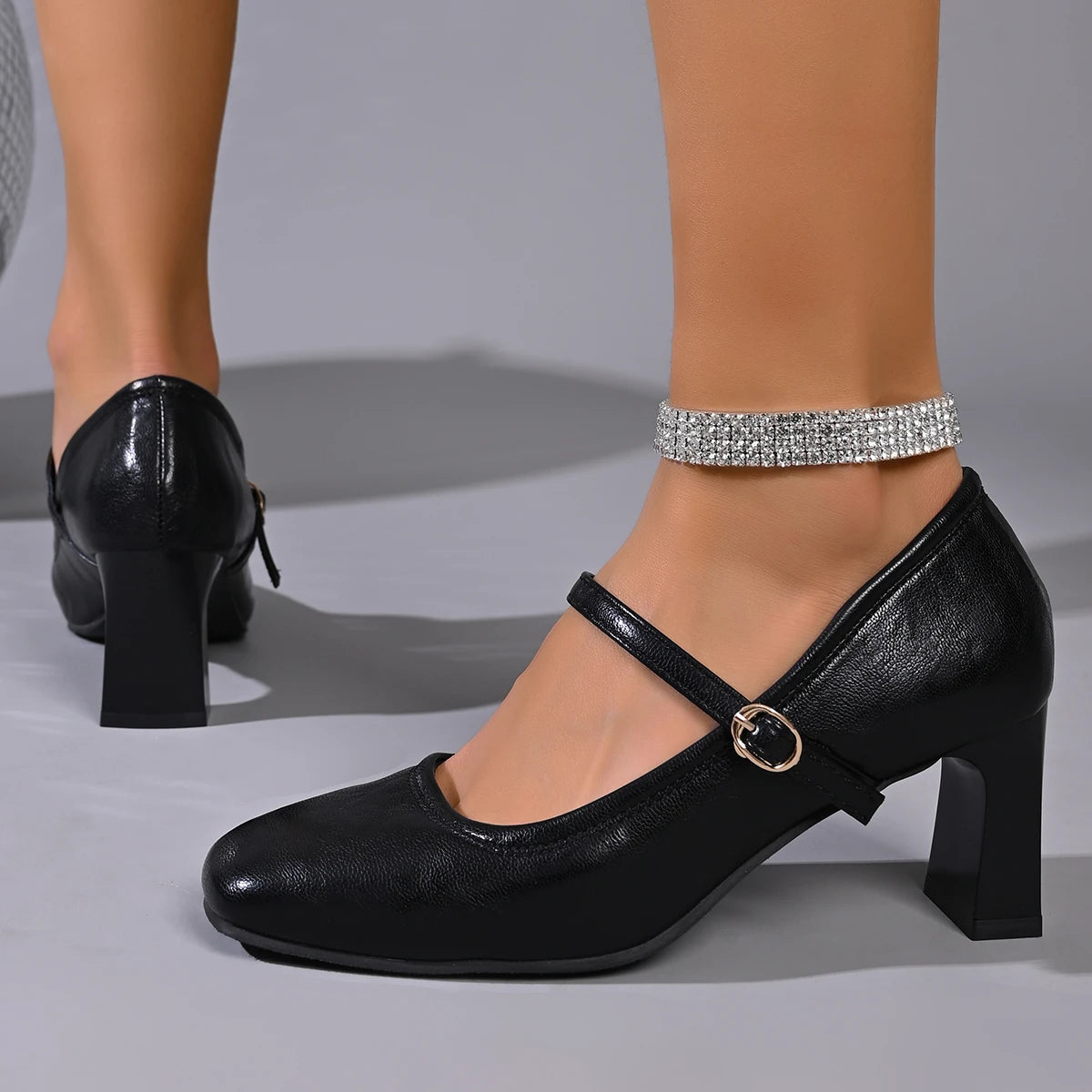 Scarpe Mary Jane Classiche con Tacco Medio – Nero | Pelle Sintetica