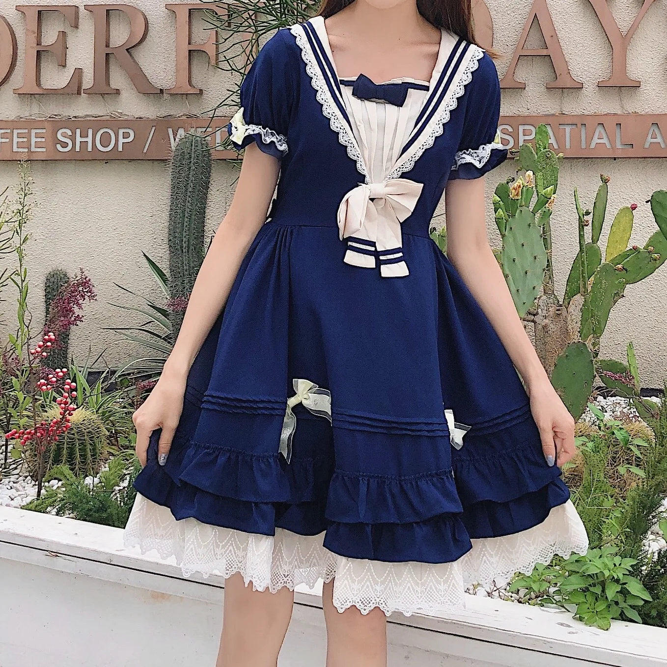 Sweet Maid Anime Lolita Costume-Ruffle Lace Sailor Collar Gown for Adult Women Polyester Material