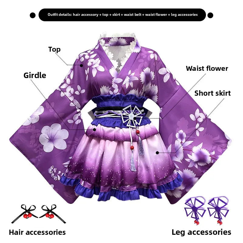 Japanese-Style Lolita Kimono Set Multi-Color Cherry Blossom Role Play Costume Including Hair Accessories +Leg Ornaments