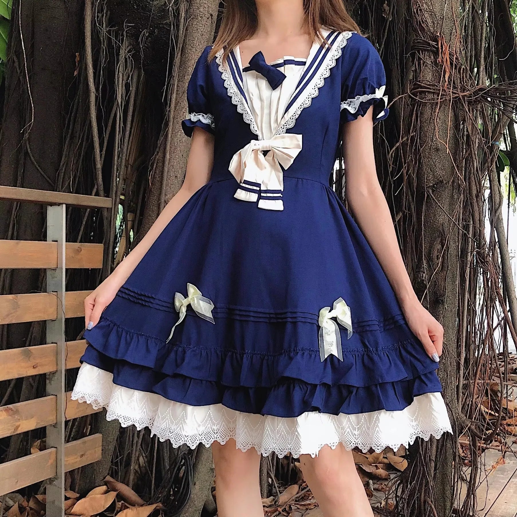Sweet Maid Anime Lolita Costume-Ruffle Lace Sailor Collar Gown for Adult Women Polyester Material