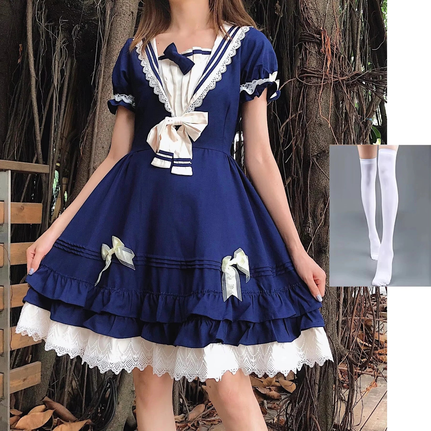 Sweet Maid Anime Lolita Costume-Ruffle Lace Sailor Collar Gown for Adult Women Polyester Material