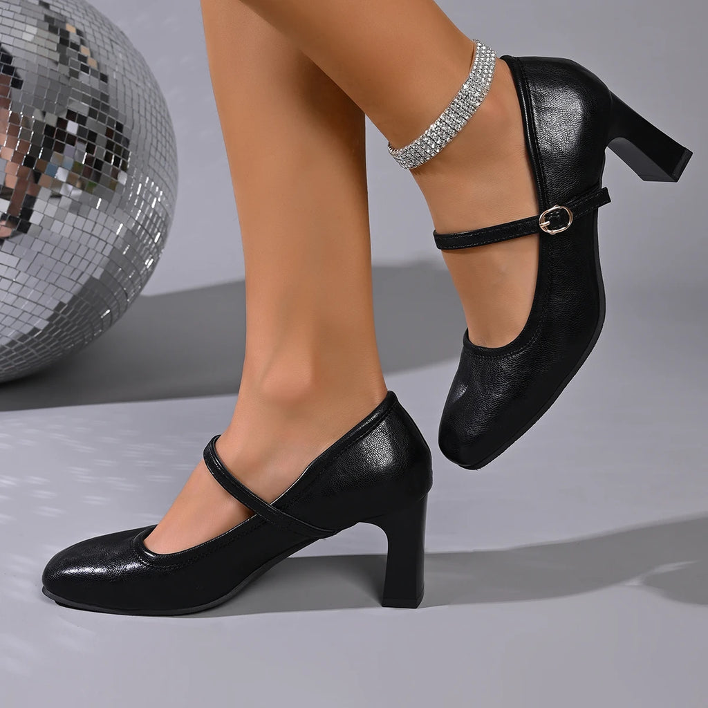 Scarpe Mary Jane Classiche con Tacco Medio – Nero | Pelle Sintetica