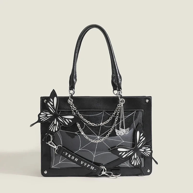 Gothic Ita Bag con Farfalle e Ragnatela – Borsa Trasparente per Pin e Accessori