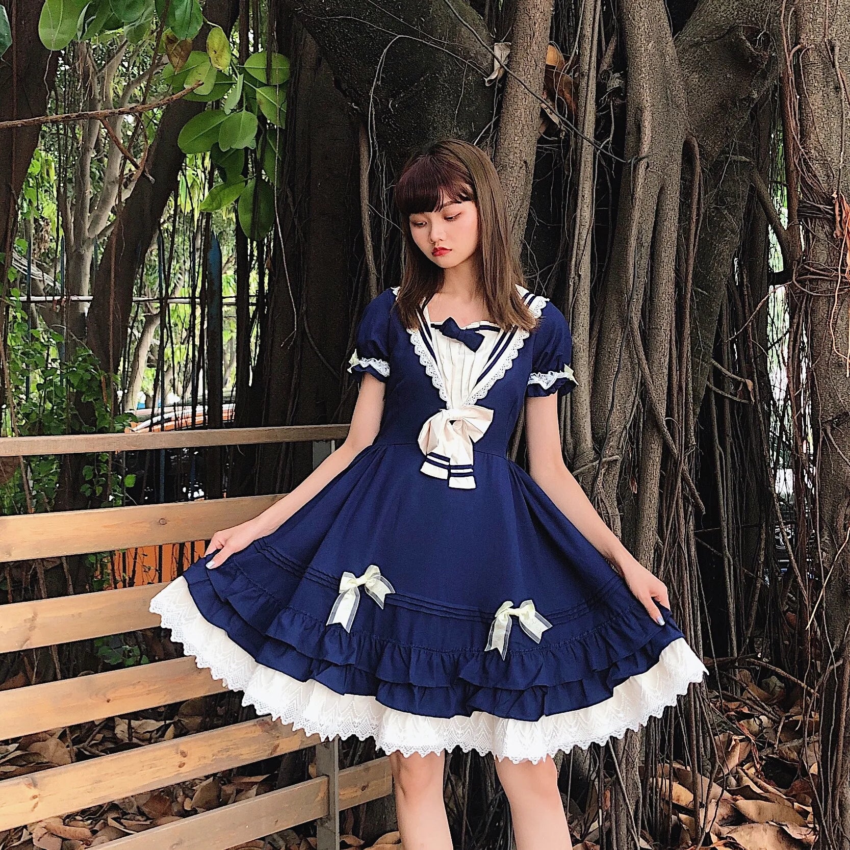 Sweet Maid Anime Lolita Costume-Ruffle Lace Sailor Collar Gown for Adult Women Polyester Material
