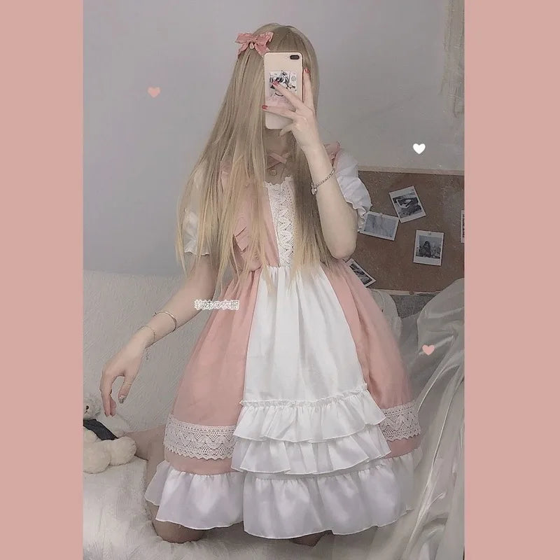 Yingyi Kawaii Lolita Maid Dress Pink Goth Gothic Birthday Party Dress Puff Sleeve Japanese Harajuku Ruffle Lace-up Soft Girls