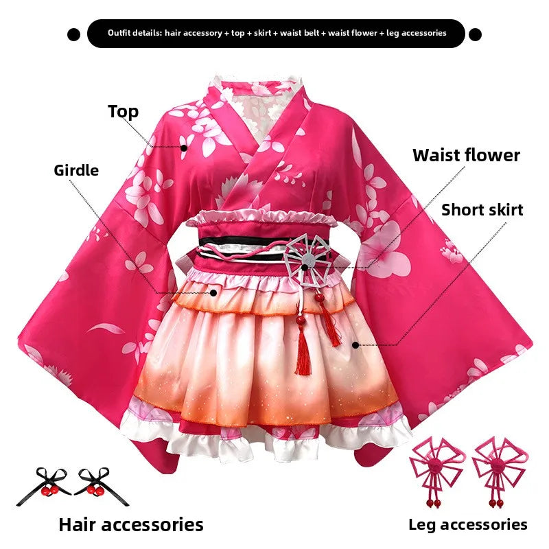 Japanese-Style Lolita Kimono Set Multi-Color Cherry Blossom Role Play Costume Including Hair Accessories +Leg Ornaments