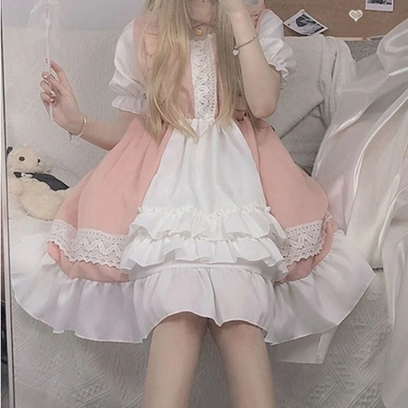 Yingyi Kawaii Lolita Maid Dress Pink Goth Gothic Birthday Party Dress Puff Sleeve Japanese Harajuku Ruffle Lace-up Soft Girls