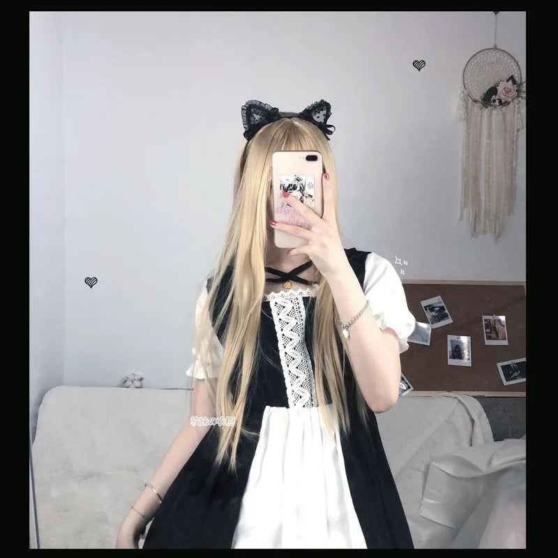 Yingyi Kawaii Lolita Maid Dress Pink Goth Gothic Birthday Party Dress Puff Sleeve Japanese Harajuku Ruffle Lace-up Soft Girls