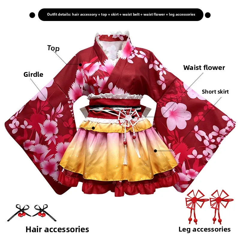 Japanese-Style Lolita Kimono Set Multi-Color Cherry Blossom Role Play Costume Including Hair Accessories +Leg Ornaments