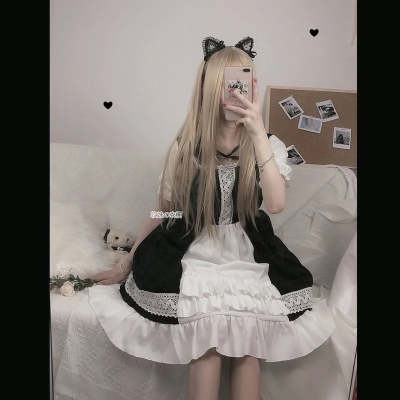 Yingyi Kawaii Lolita Maid Dress Pink Goth Gothic Birthday Party Dress Puff Sleeve Japanese Harajuku Ruffle Lace-up Soft Girls
