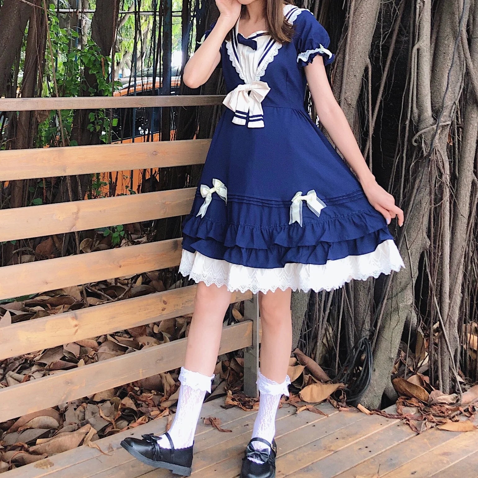 Sweet Maid Anime Lolita Costume-Ruffle Lace Sailor Collar Gown for Adult Women Polyester Material