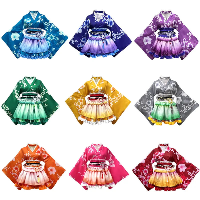 Japanese-Style Lolita Kimono Set Multi-Color Cherry Blossom Role Play Costume Including Hair Accessories +Leg Ornaments