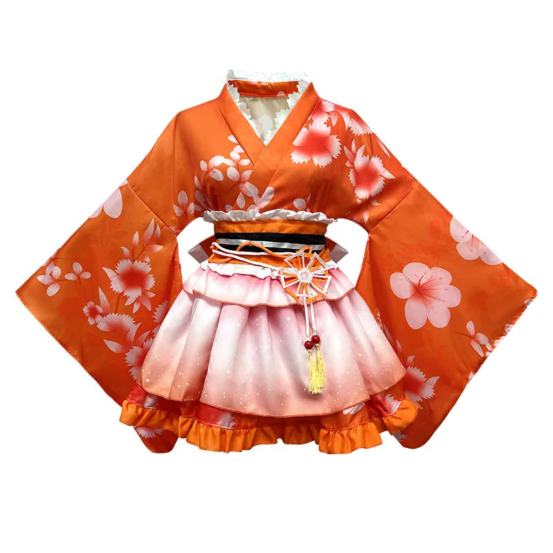 Japanese-Style Lolita Kimono Set Multi-Color Cherry Blossom Role Play Costume Including Hair Accessories +Leg Ornaments