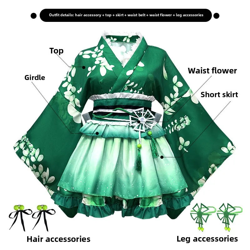 Japanese-Style Lolita Kimono Set Multi-Color Cherry Blossom Role Play Costume Including Hair Accessories +Leg Ornaments