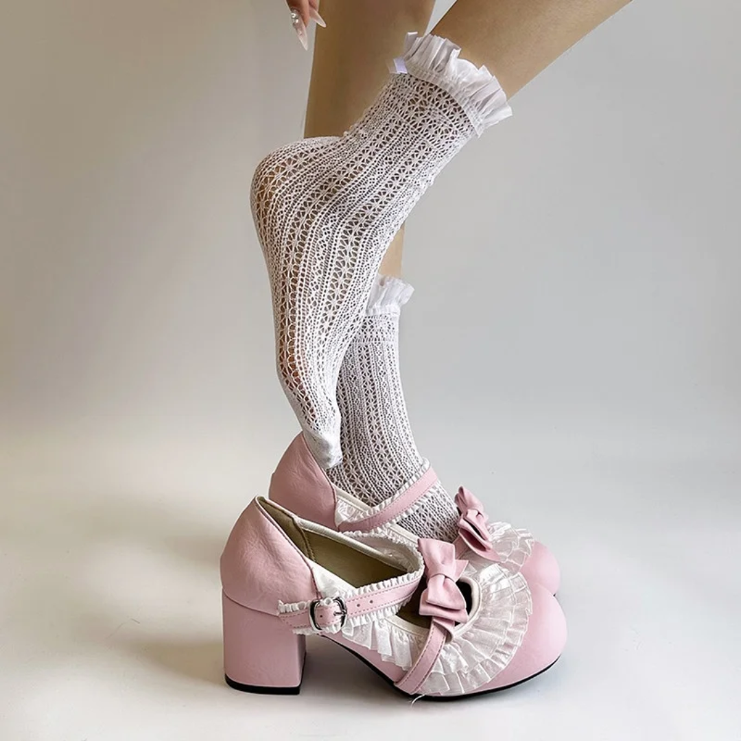 “Sweet Ribbon” Scarpe Lolita – Mary Jane Coquette con Fiocco e Rouches - punta rotonda, tacco spesso