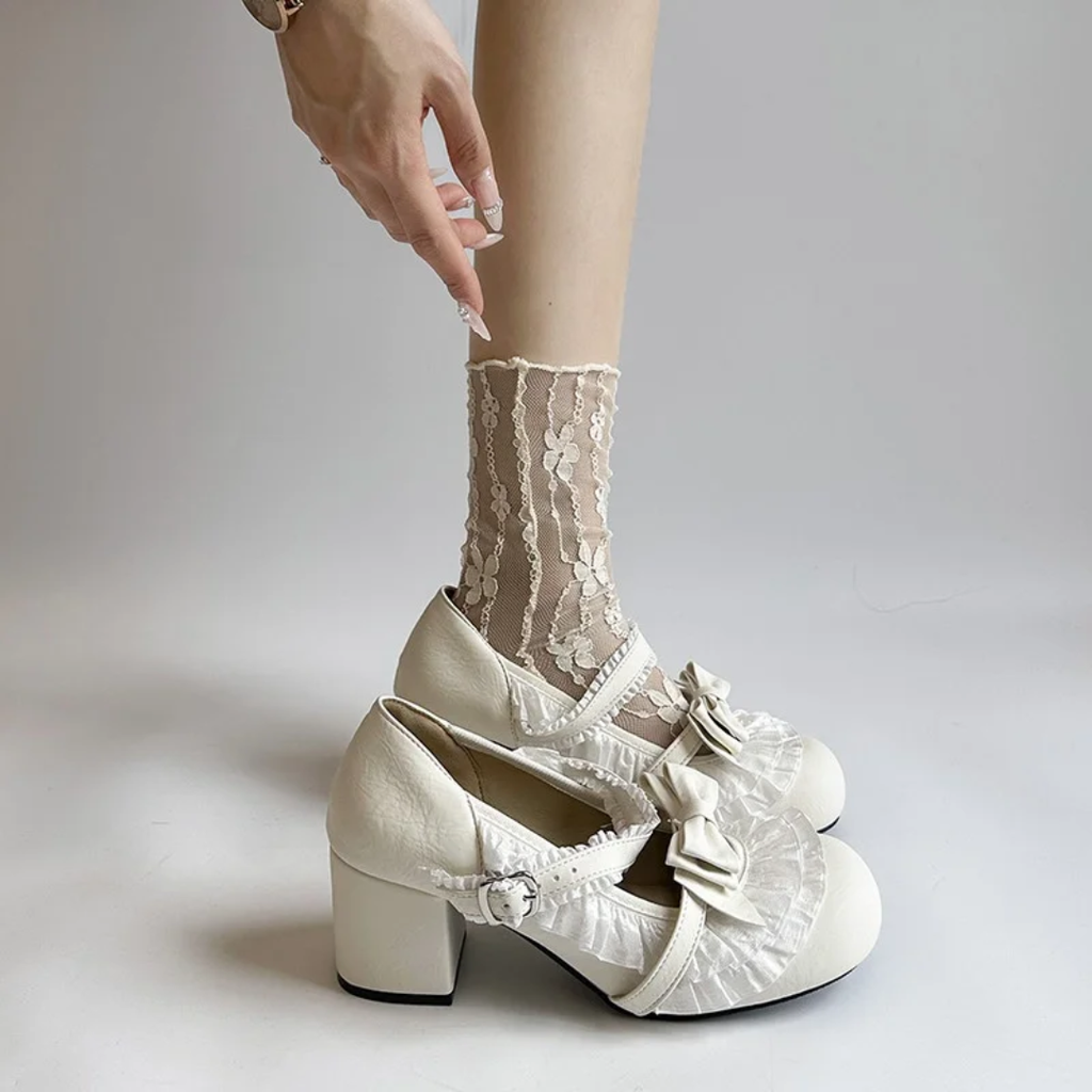“Sweet Ribbon” Scarpe Lolita – Mary Jane Coquette con Fiocco e Rouches - punta rotonda, tacco spesso