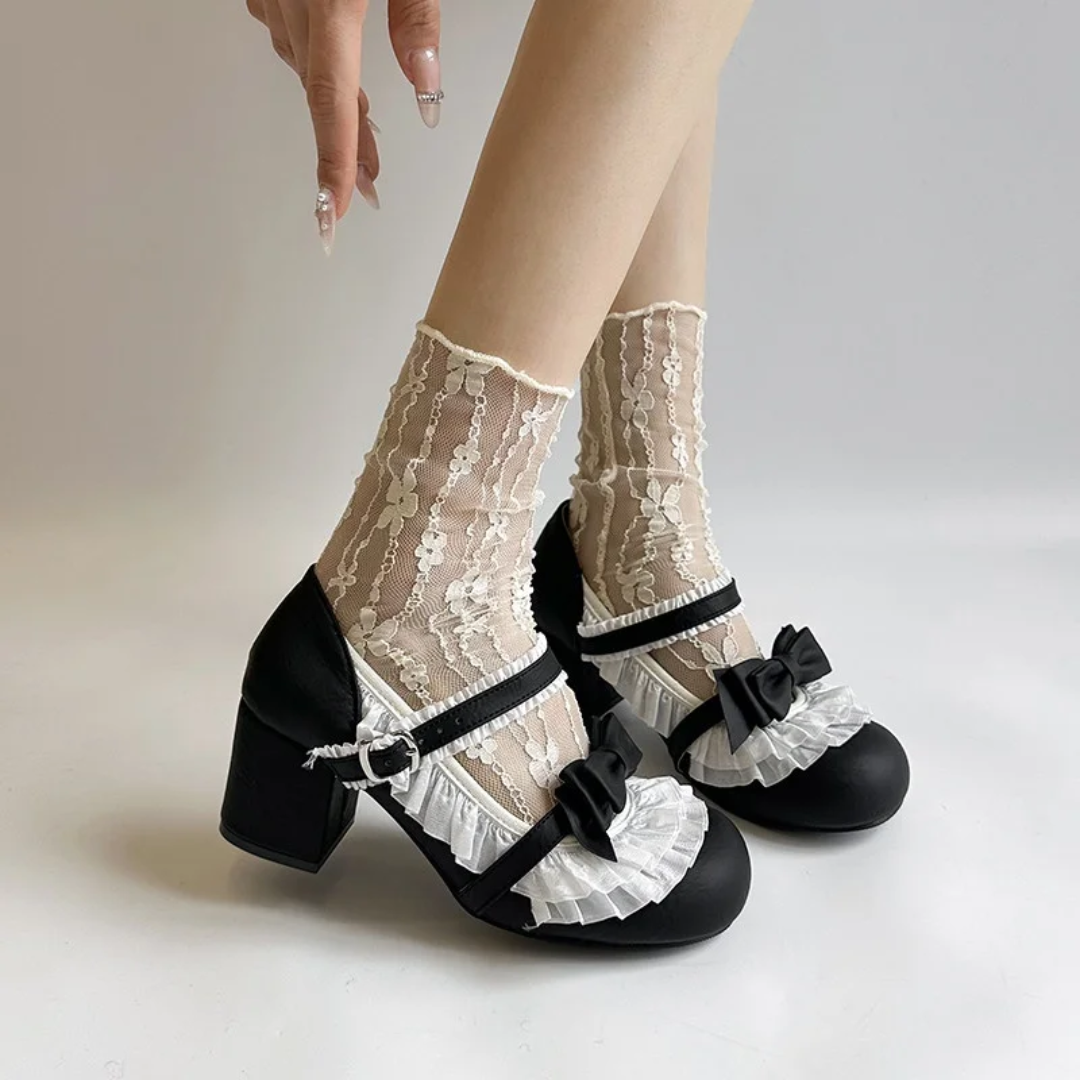 “Sweet Ribbon” Scarpe Lolita – Mary Jane Coquette con Fiocco e Rouches - punta rotonda, tacco spesso